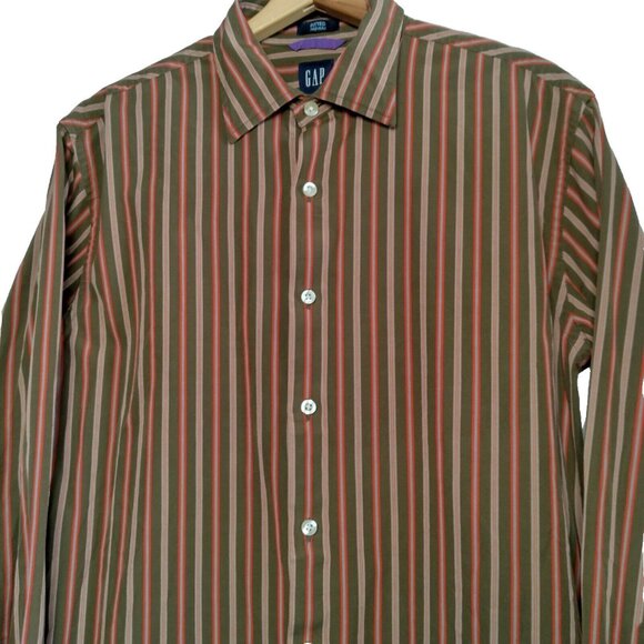 Vintage 1990s GAP Shirt M 15-15 1/2 Fitted Premium Long Slv Green Orange Stripe - Picture 1 of 11